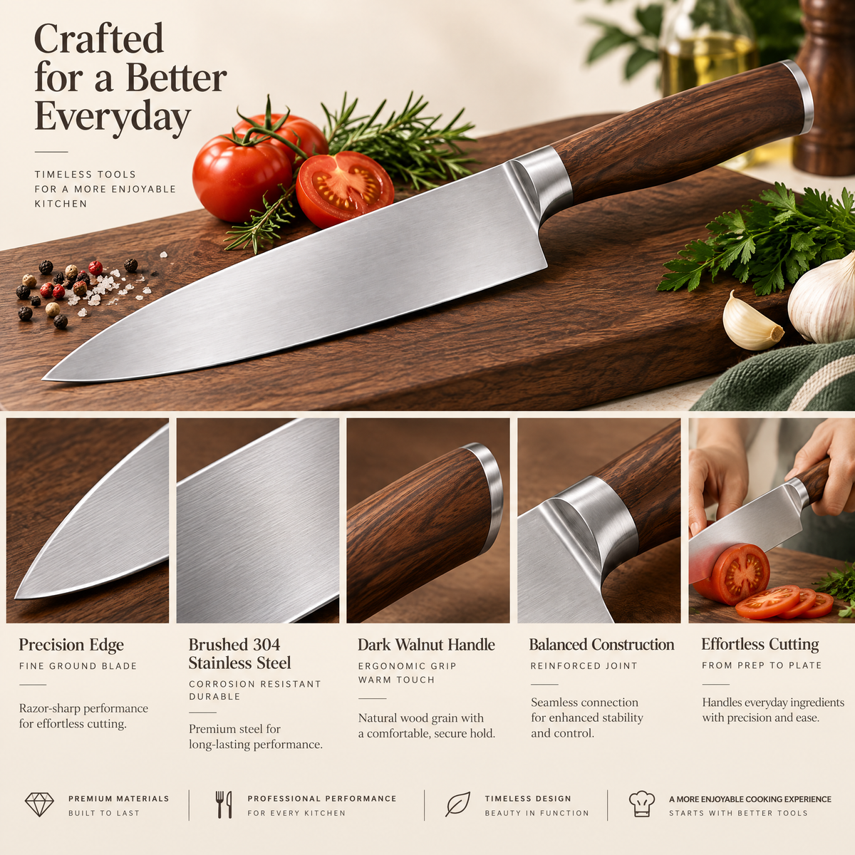 Elvarmere™ Wood Handle Stainless Steel Chef’s Knife