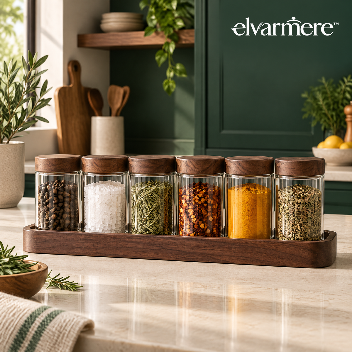 Elvarmere™ Glass Spice Jar Set with Wood Lids & Tray