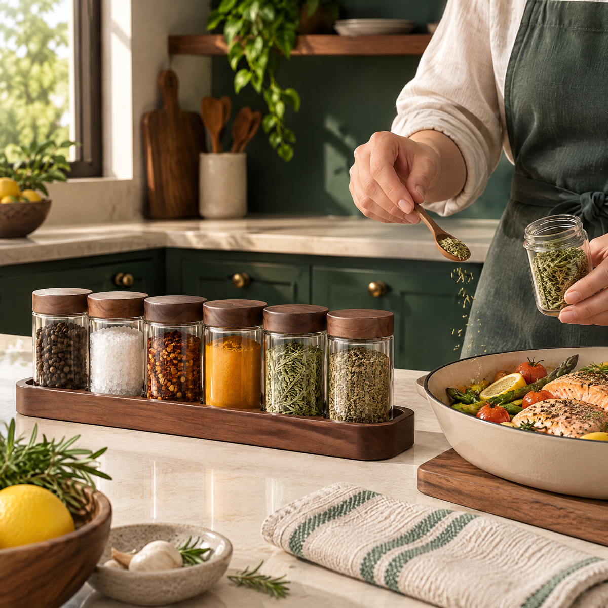 Elvarmere™ Glass Spice Jar Set with Wood Lids & Tray